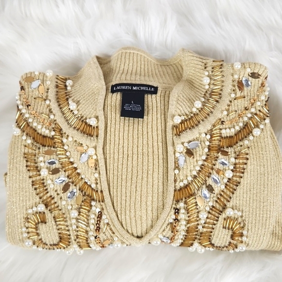 Lauren Michelle, Gold scooped beaded and pearls neckline. Size M - Picture 6 of 11